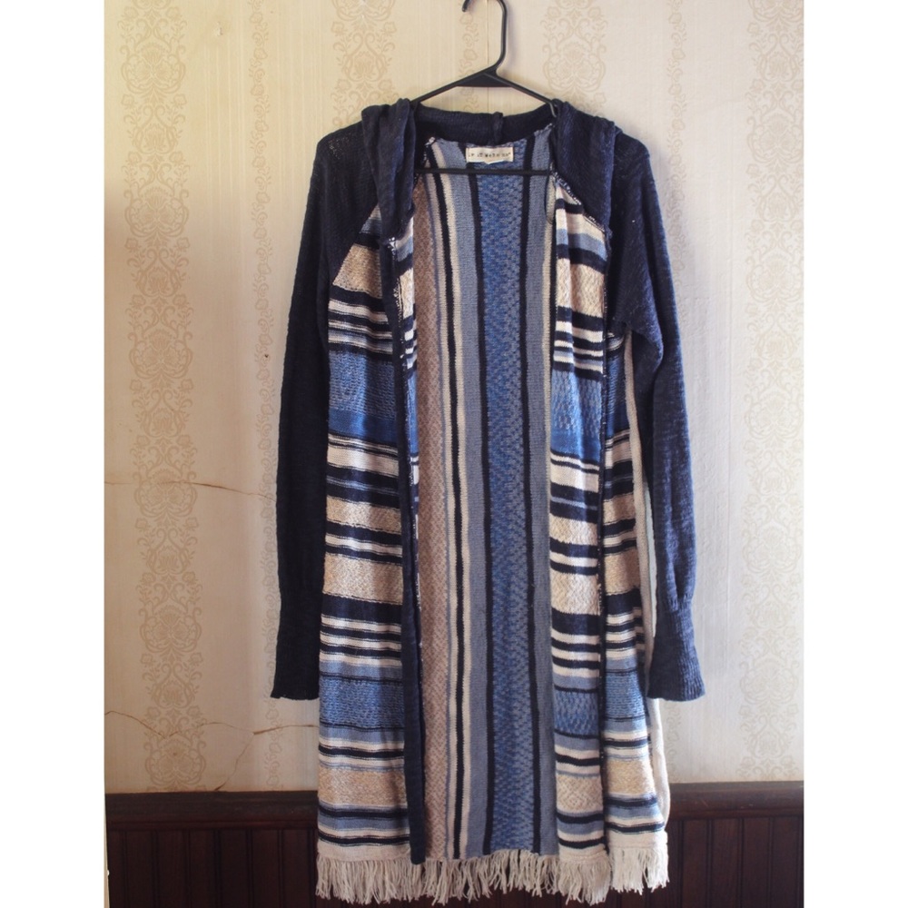 Navy Blue Striped Hooded Long Cardigan